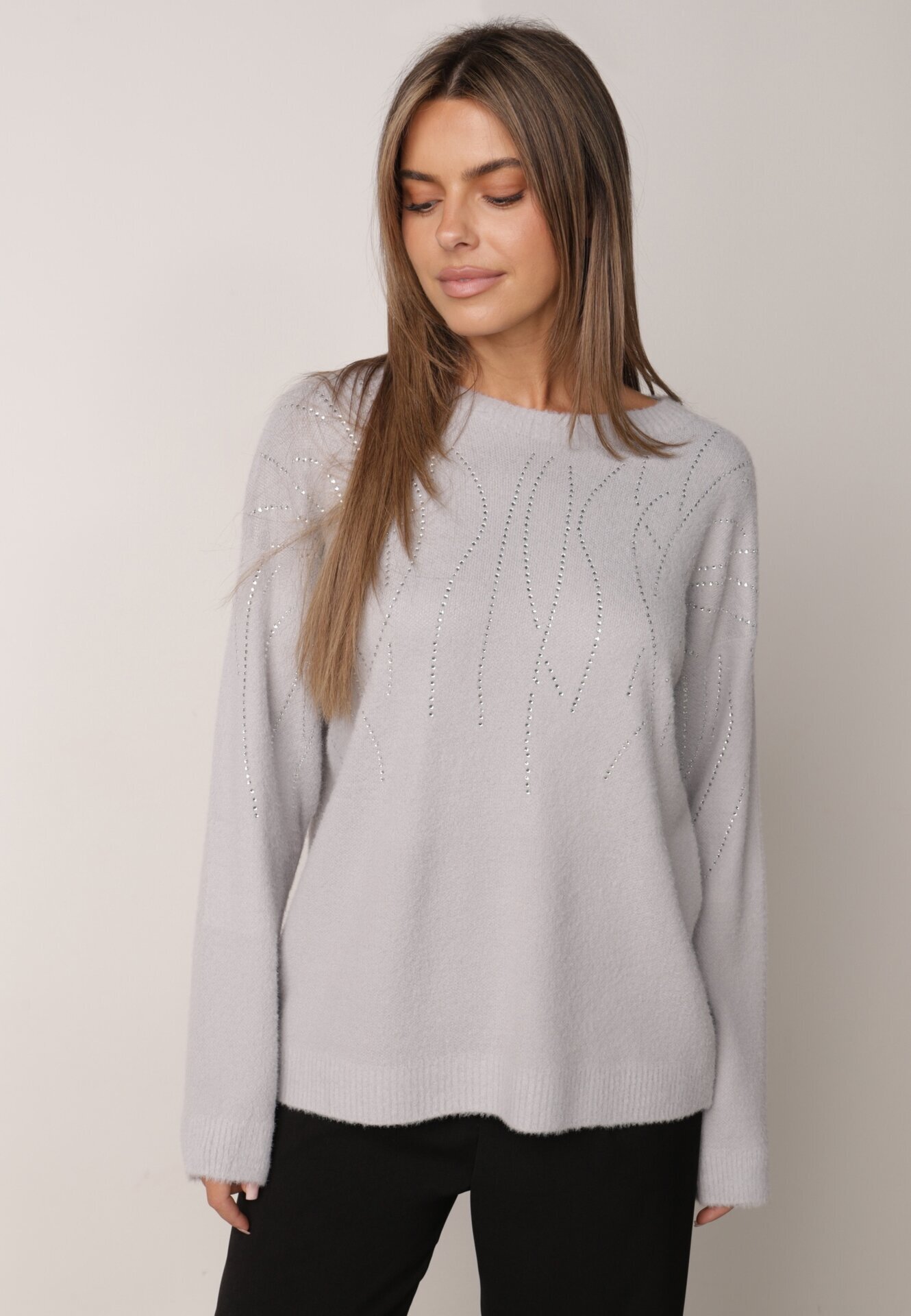 j&x Elegant Pulover cu lână decorat cu zirconii Witra Gri