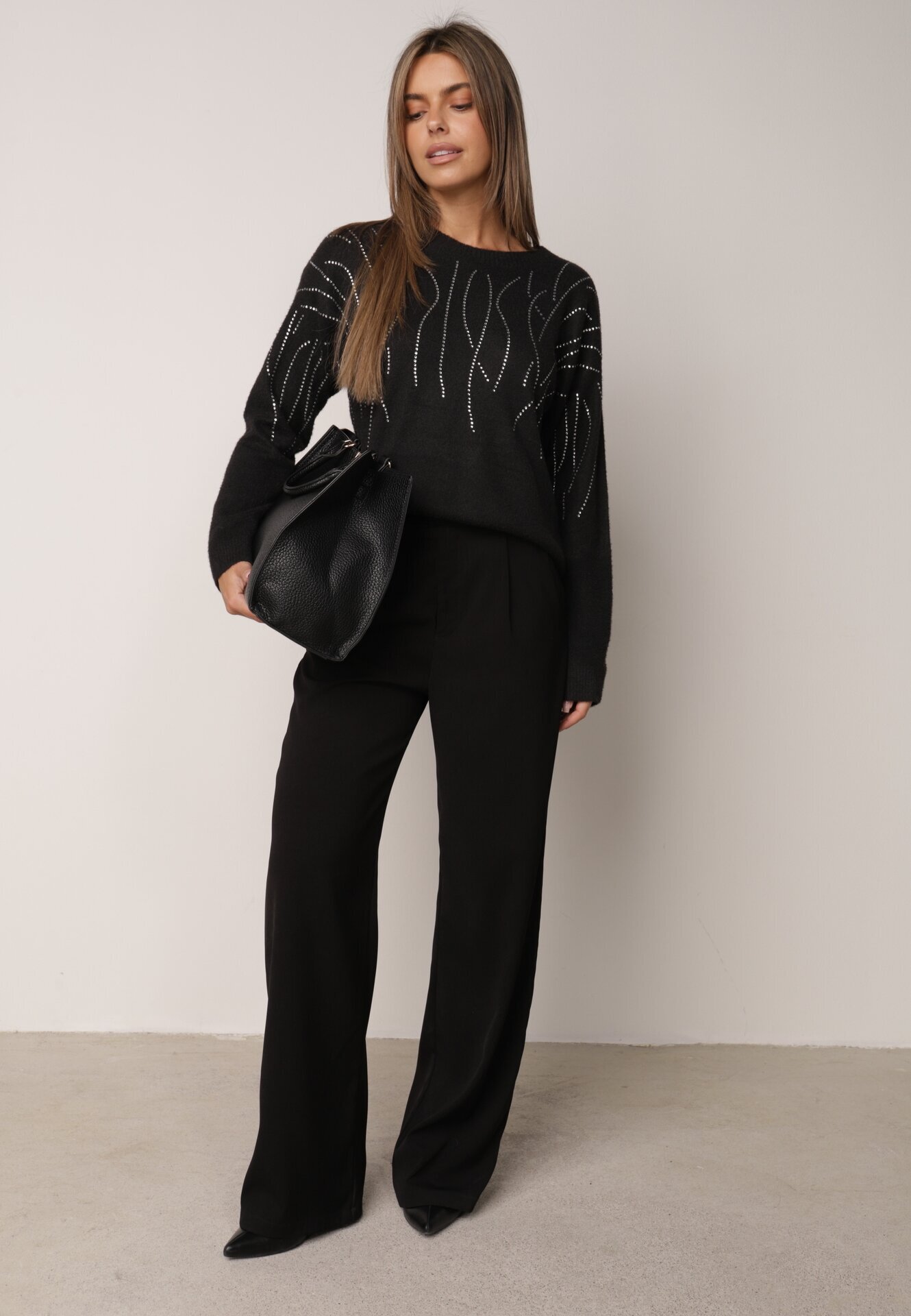 j&x Elegant Pulover cu lână decorat cu zirconii Witra Negru