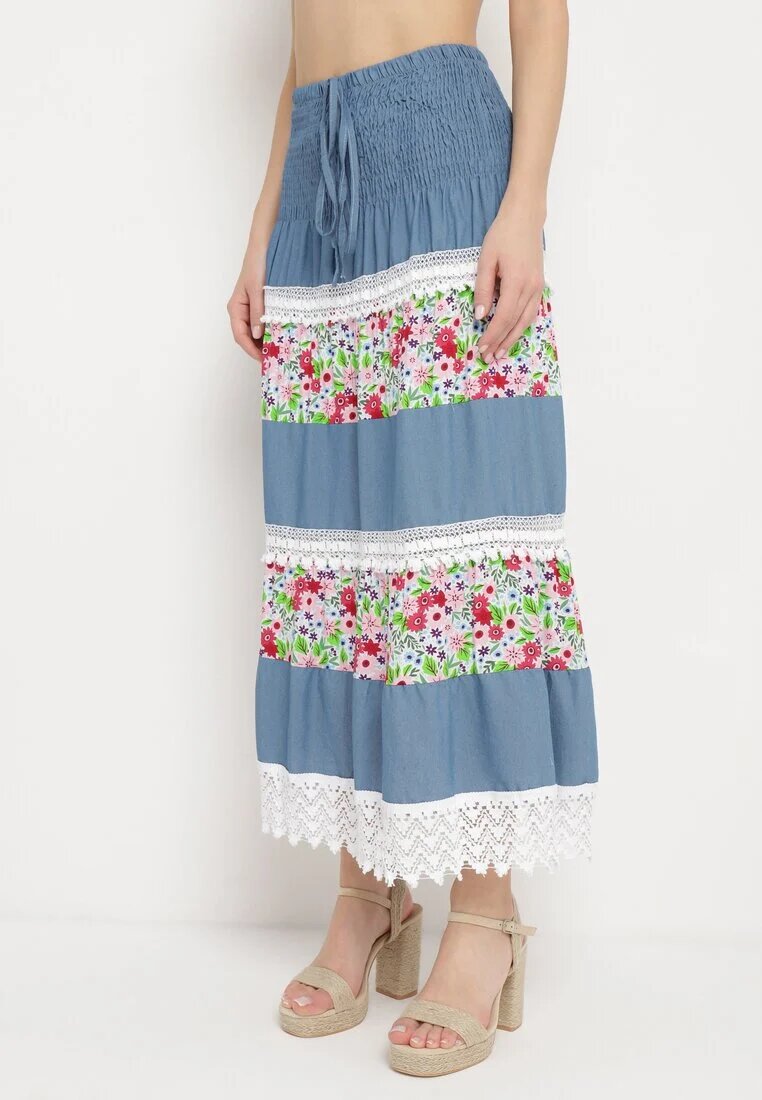 j&x Fustă Alb-Albastră Cloș Din bumbac Cu elastic în talie Decorată cu dantelă Tesaopi