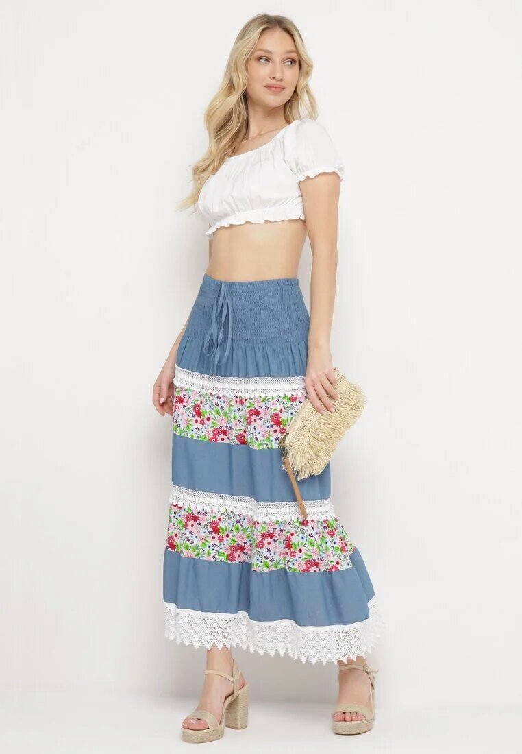 j&x Fustă Alb-Albastră Cloș Din bumbac Cu elastic în talie Decorată cu dantelă Tesaopi