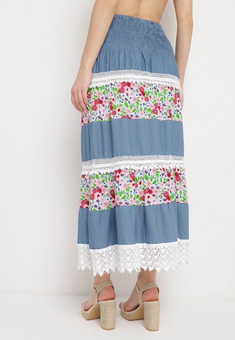 j&x Fustă Alb-Albastră Cloș Din bumbac Cu elastic în talie Decorată cu dantelă Tesaopi