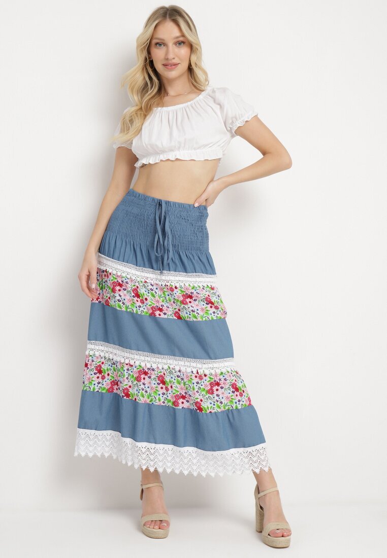j&x Fustă Alb-Albastră Cloș Din bumbac Cu elastic în talie Decorată cu dantelă Tesaopi
