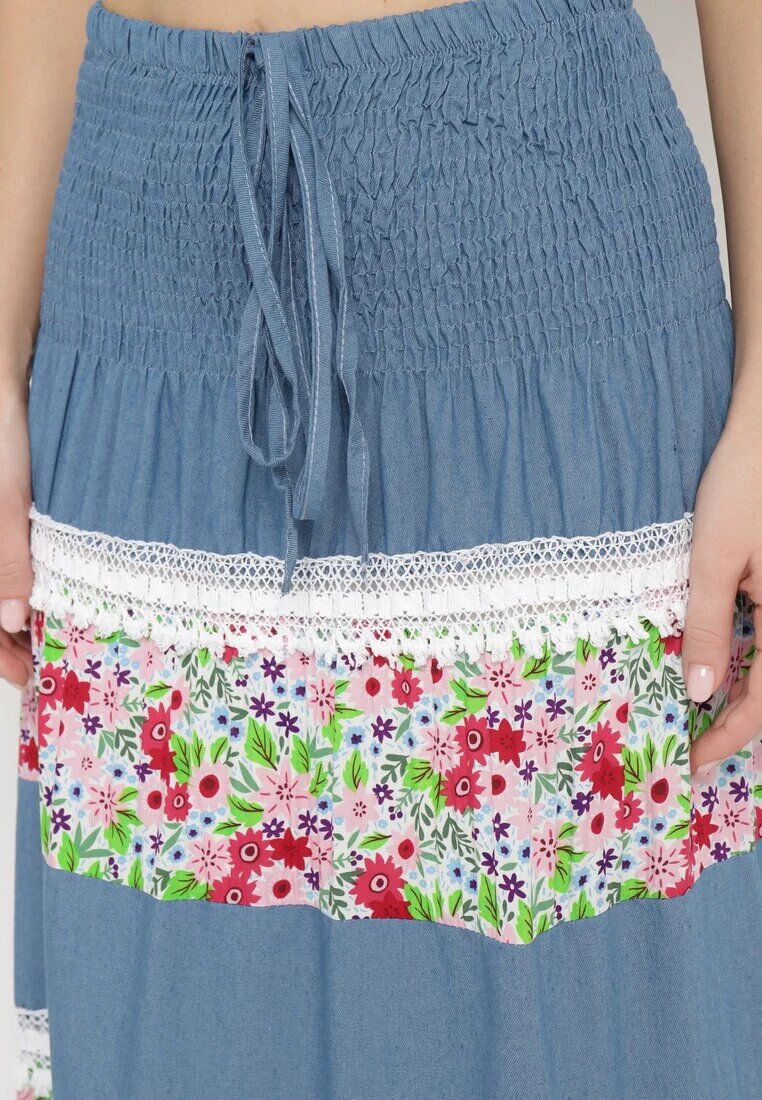 j&x Fustă Alb-Albastră Cloș Din bumbac Cu elastic în talie Decorată cu dantelă Tesaopi
