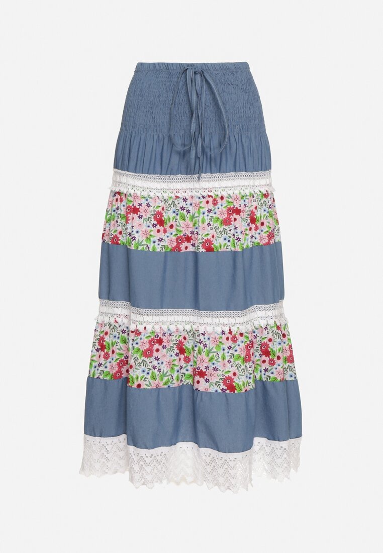 j&x Fustă Alb-Albastră Cloș Din bumbac Cu elastic în talie Decorată cu dantelă Tesaopi