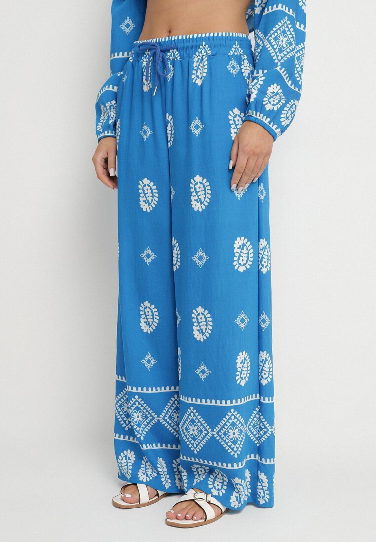 j&x Komplet Albastru în Stil Rustic Bluză Lejeră și Pantaloni din Viscoză Emilaris