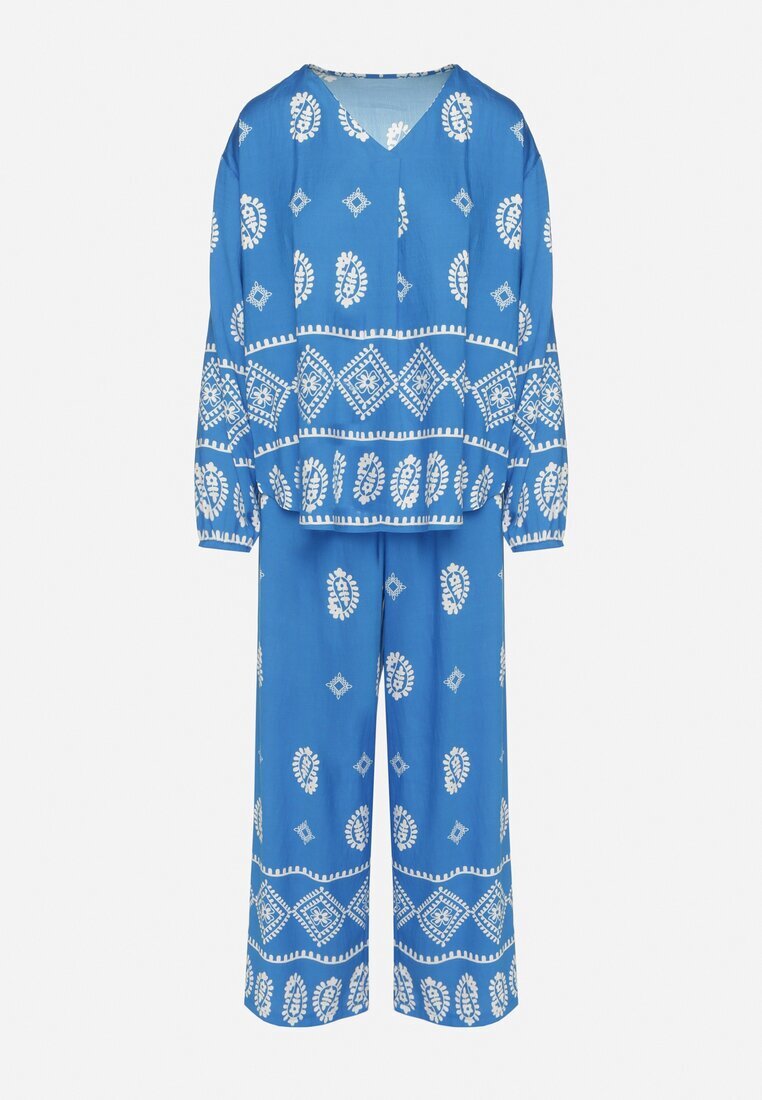 j&x Komplet Albastru în Stil Rustic Bluză Lejeră și Pantaloni din Viscoză Emilaris