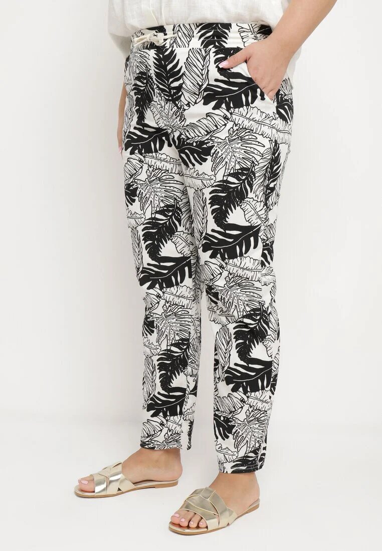 j&x Pantaloni Alb-Negru cu Talie Înaltă cu Buzunare cu Imprimeu Floral Givona