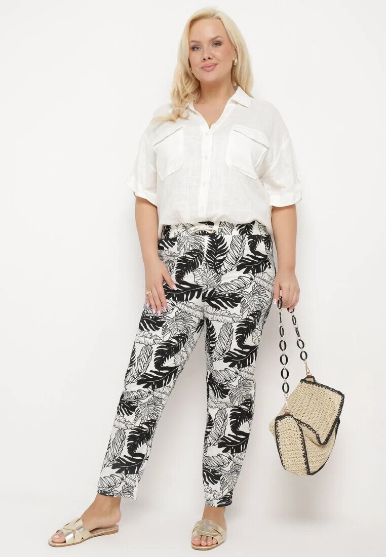 j&x Pantaloni Alb-Negru cu Talie Înaltă cu Buzunare cu Imprimeu Floral Givona
