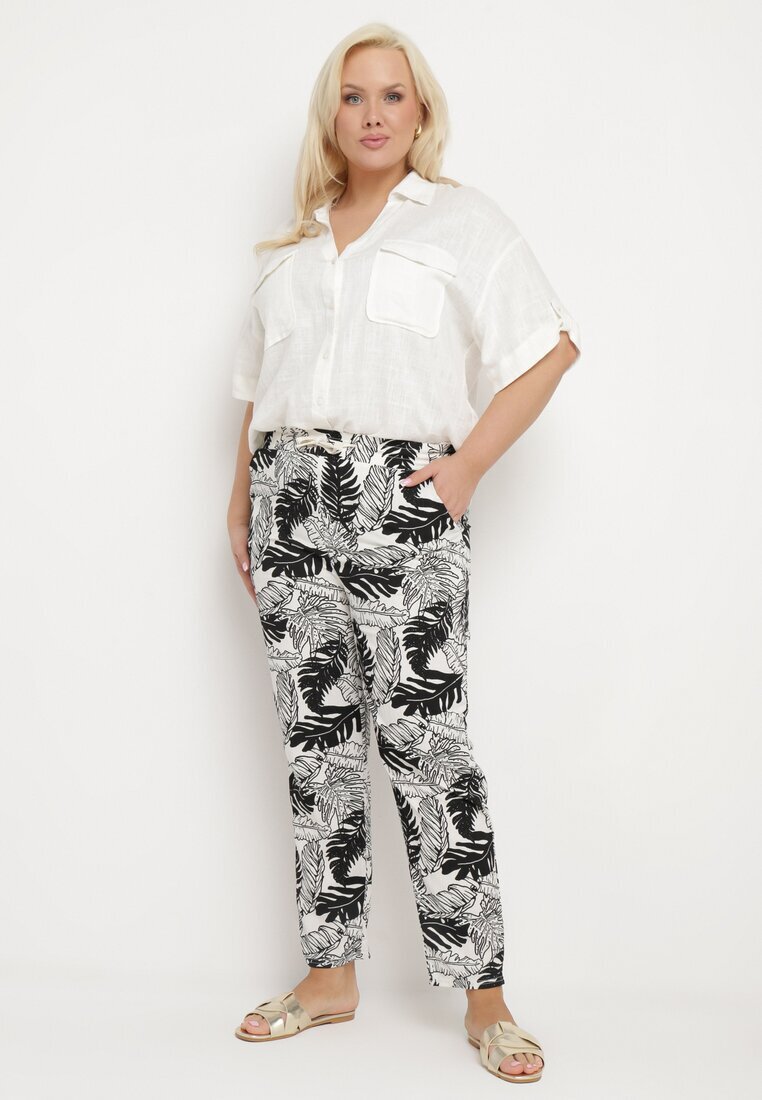j&x Pantaloni Alb-Negru cu Talie Înaltă cu Buzunare cu Imprimeu Floral Givona