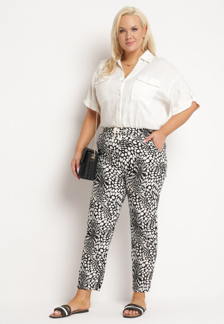 j&x Pantaloni Alb-Negru Regular cu elastic în talie și decolteu abstract Cleava