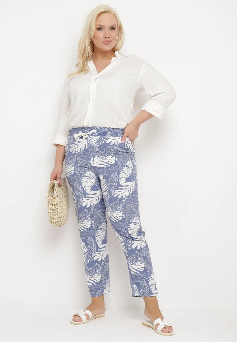 j&x Pantaloni Albastru-Alb cu talie înaltă cu buzunare cu imprimeu floral Givona