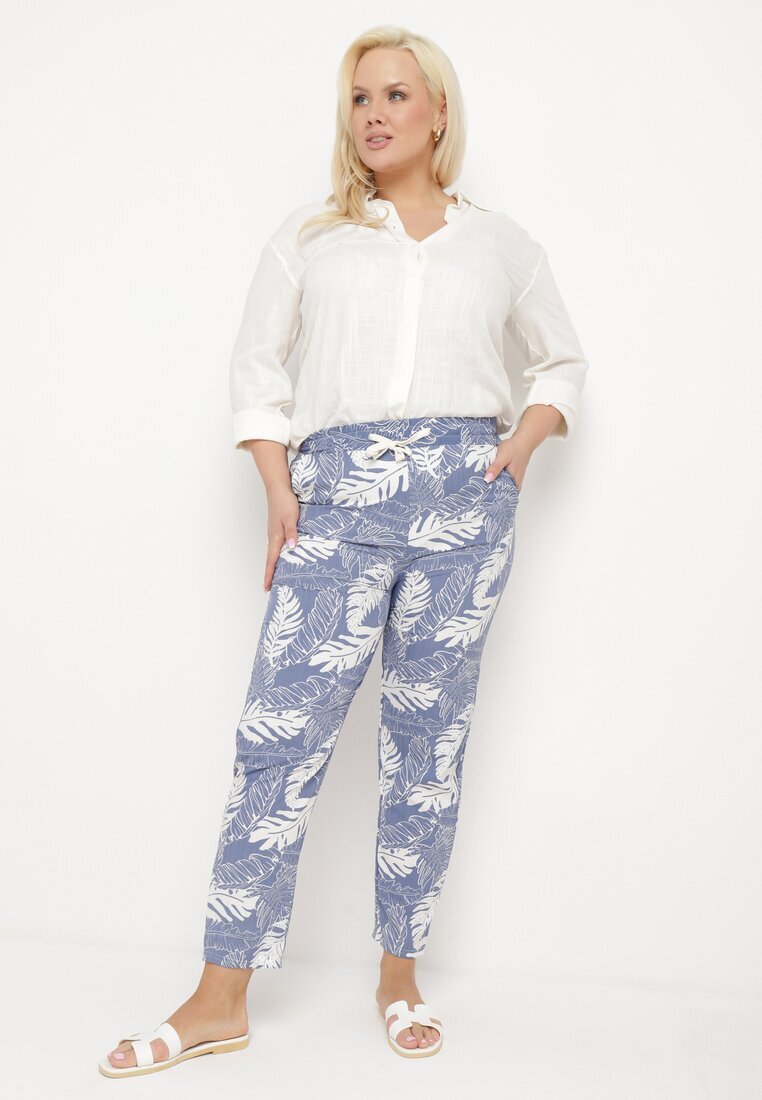 j&x Pantaloni Albastru-Alb cu talie înaltă cu buzunare cu imprimeu floral Givona