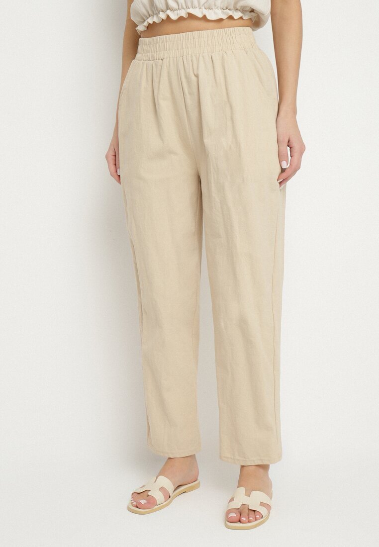 j&x Pantaloni Bej de Bumbac cu Talie Înaltă Vivivara