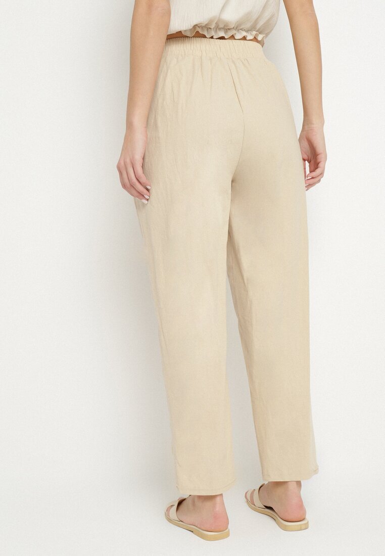 j&x Pantaloni Bej de Bumbac cu Talie Înaltă Vivivara