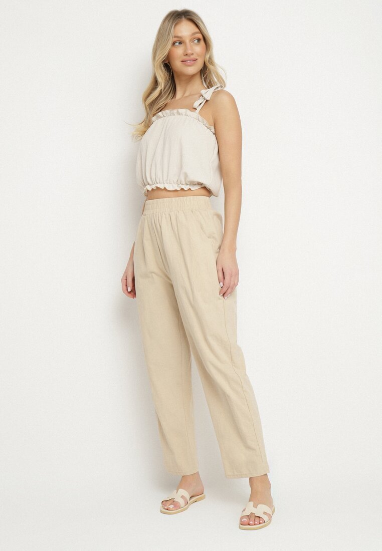 j&x Pantaloni Bej de Bumbac cu Talie Înaltă Vivivara