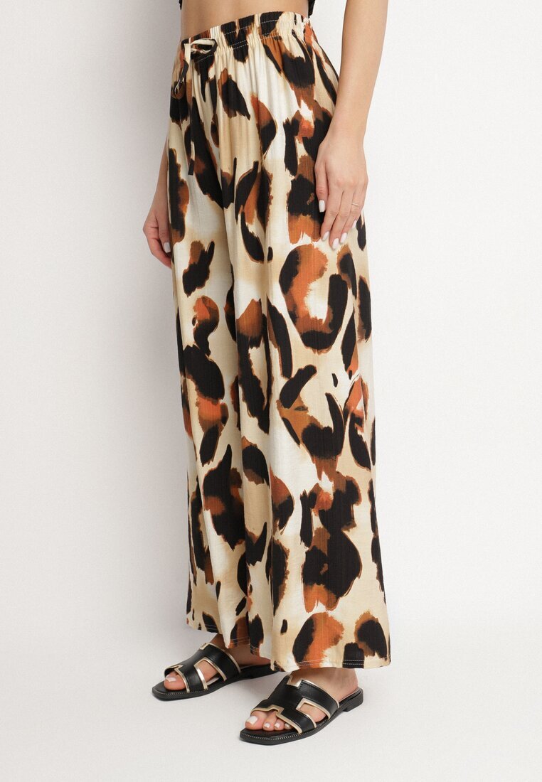 j&x Pantaloni Bej din Viscoză cu Croi Larg cu Talie Înaltă Leopard Zelmara