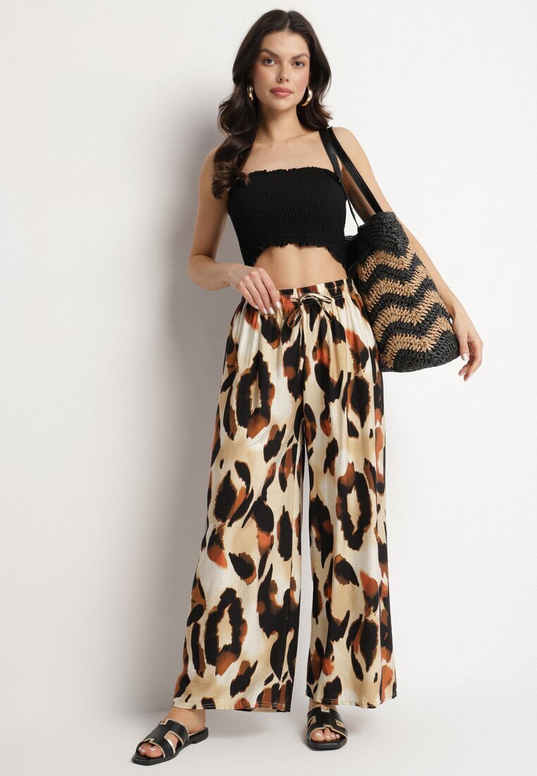 j&x Pantaloni Bej din Viscoză cu Croi Larg cu Talie Înaltă Leopard Zelmara