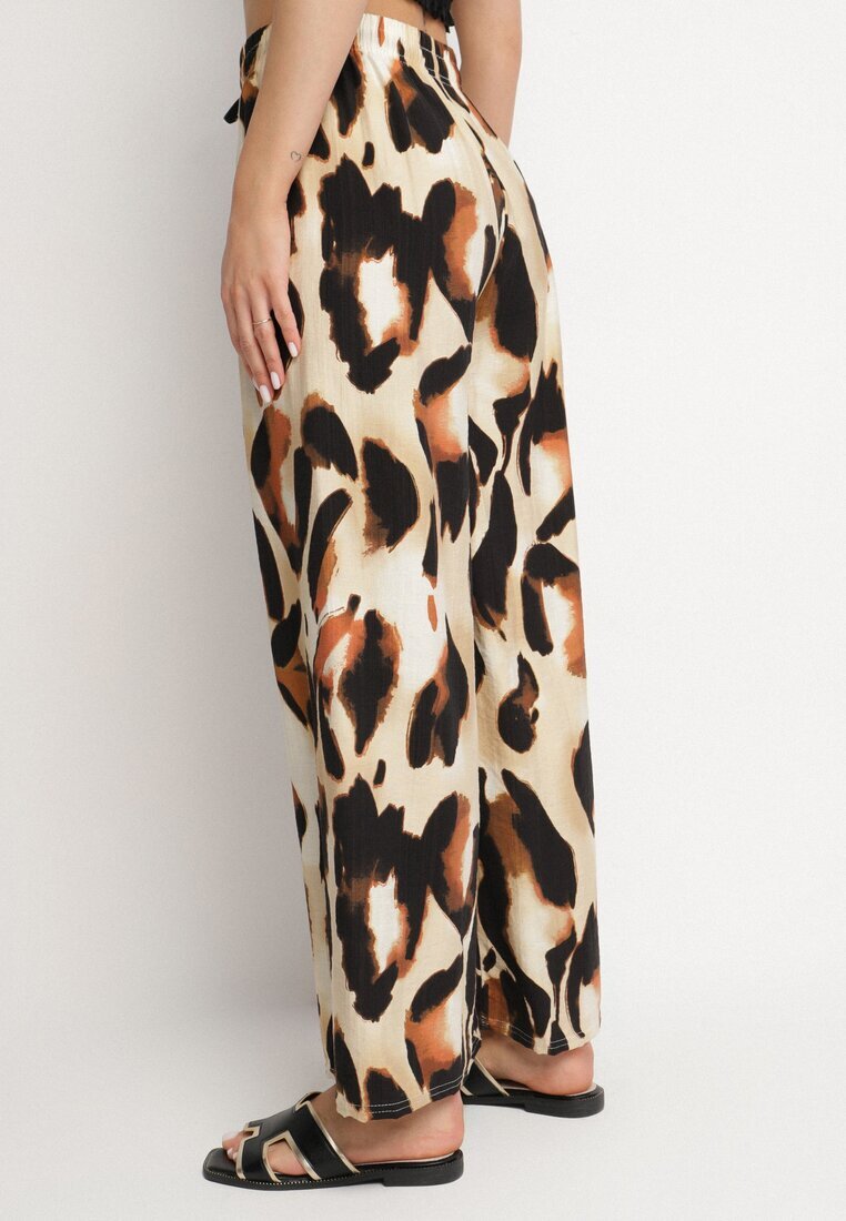 j&x Pantaloni Bej din Viscoză cu Croi Larg cu Talie Înaltă Leopard Zelmara