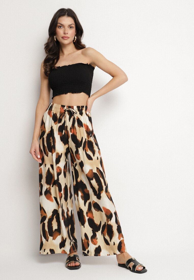 j&x Pantaloni Bej din Viscoză cu Croi Larg cu Talie Înaltă Leopard Zelmara