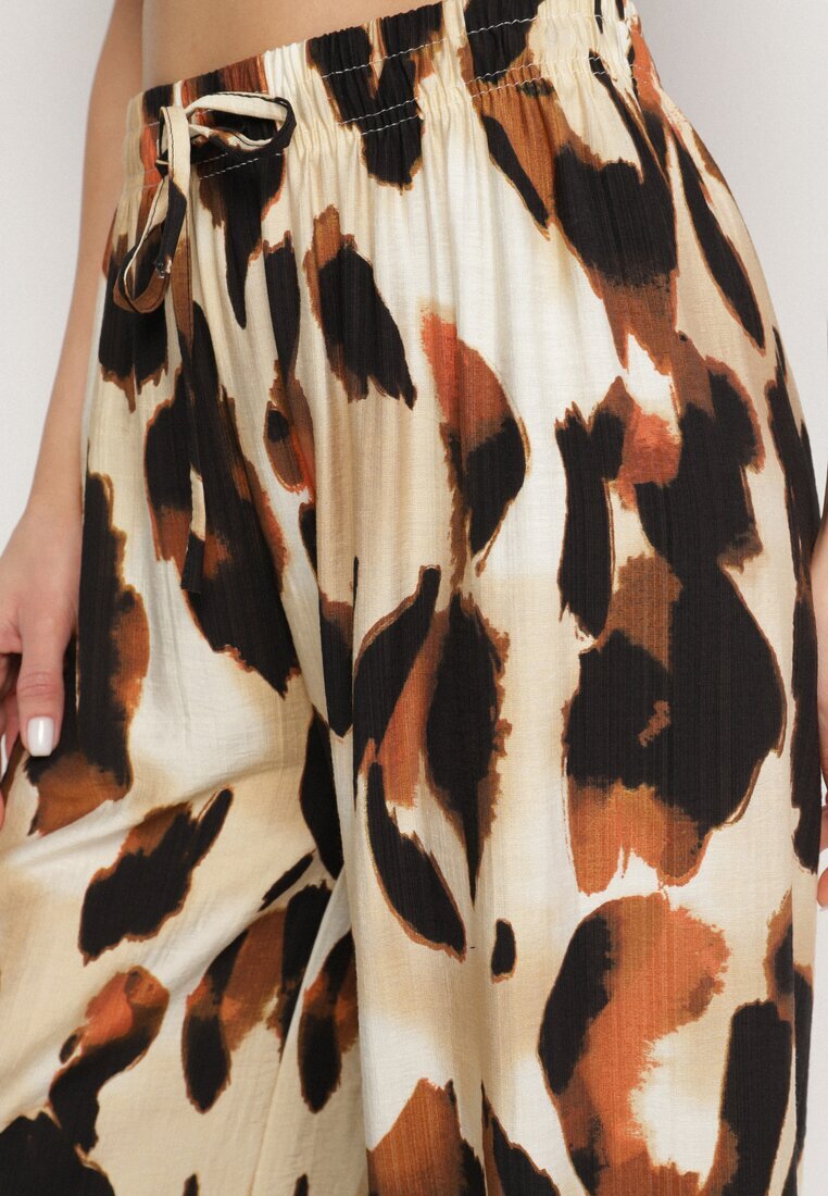 j&x Pantaloni Bej din Viscoză cu Croi Larg cu Talie Înaltă Leopard Zelmara