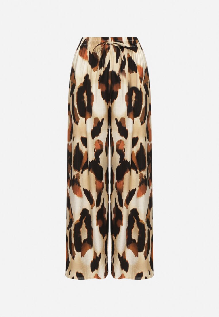 j&x Pantaloni Bej din Viscoză cu Croi Larg cu Talie Înaltă Leopard Zelmara