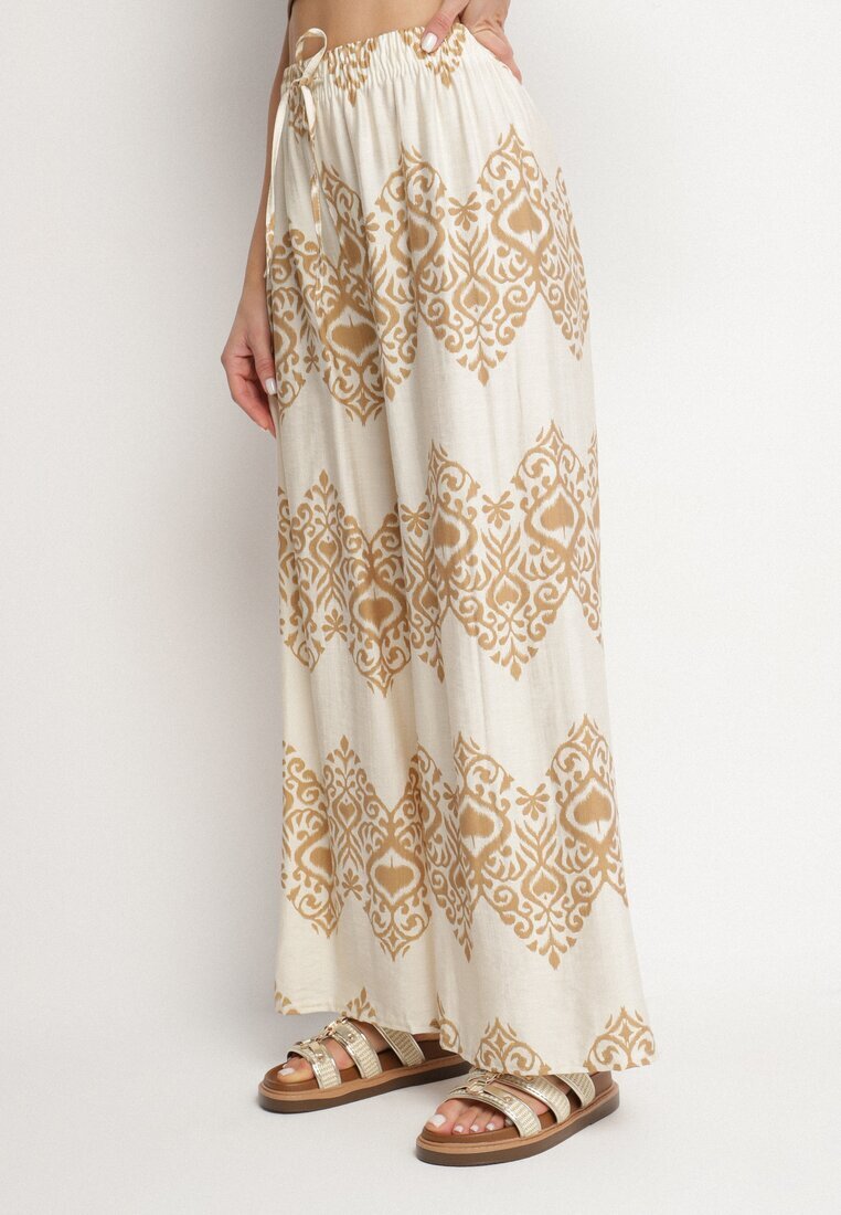 j&x Pantaloni Bej din Viscoză Largi cu Model Geometric Faneoriela