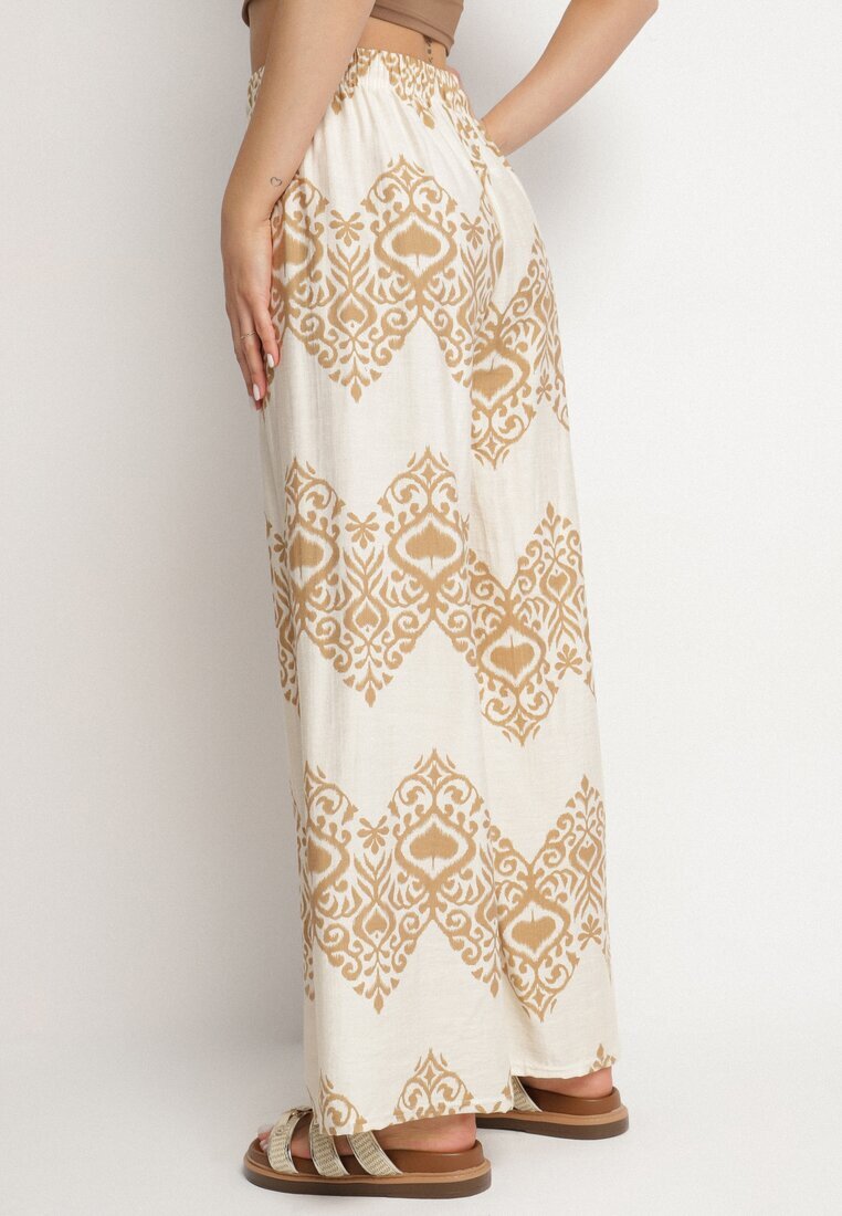 j&x Pantaloni Bej din Viscoză Largi cu Model Geometric Faneoriela