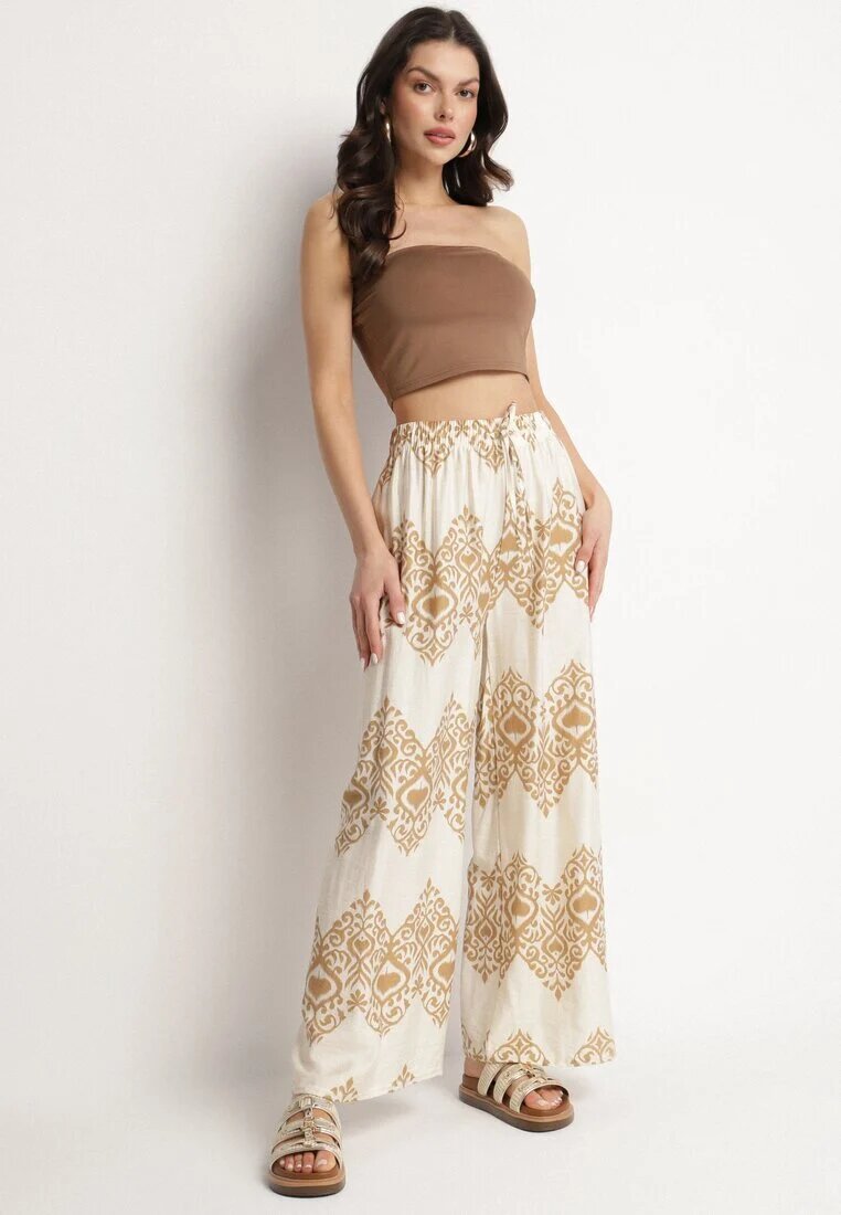 j&x Pantaloni Bej din Viscoză Largi cu Model Geometric Faneoriela