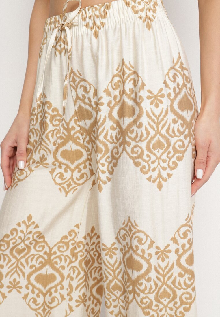 j&x Pantaloni Bej din Viscoză Largi cu Model Geometric Faneoriela