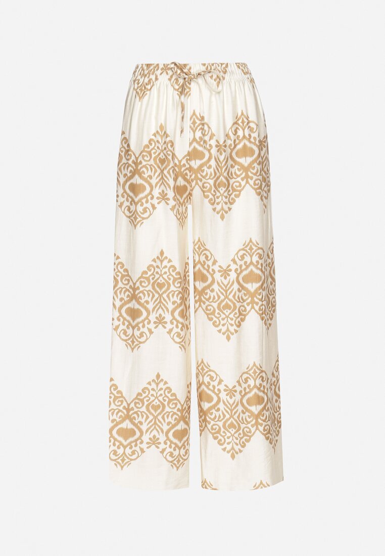 j&x Pantaloni Bej din Viscoză Largi cu Model Geometric Faneoriela