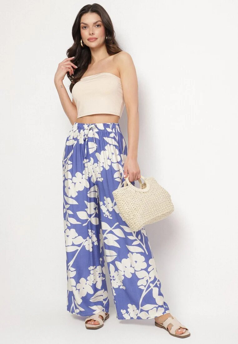 j&x Pantaloni de viscoză albaștri cu croi larg cu talie înaltă cu imprimeu floral Neorilia