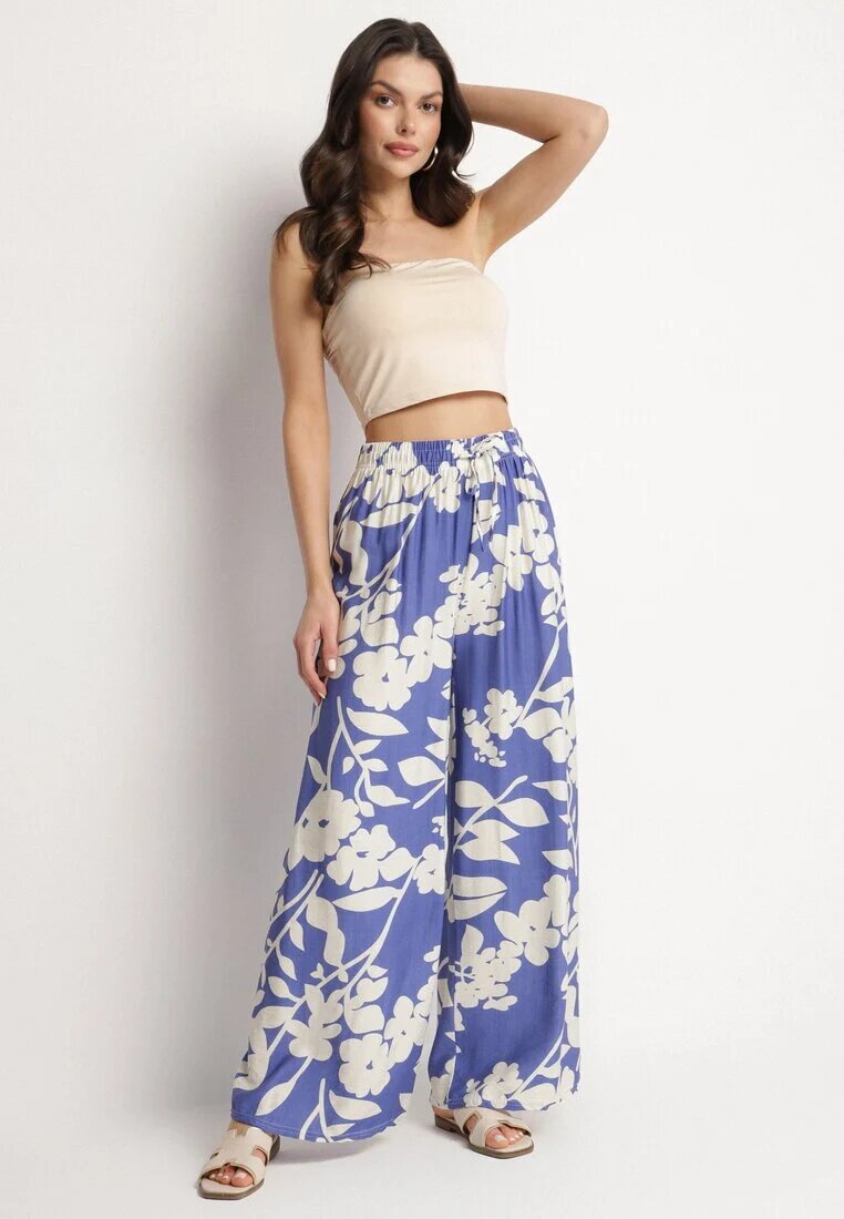 j&x Pantaloni de viscoză albaștri cu croi larg cu talie înaltă cu imprimeu floral Neorilia