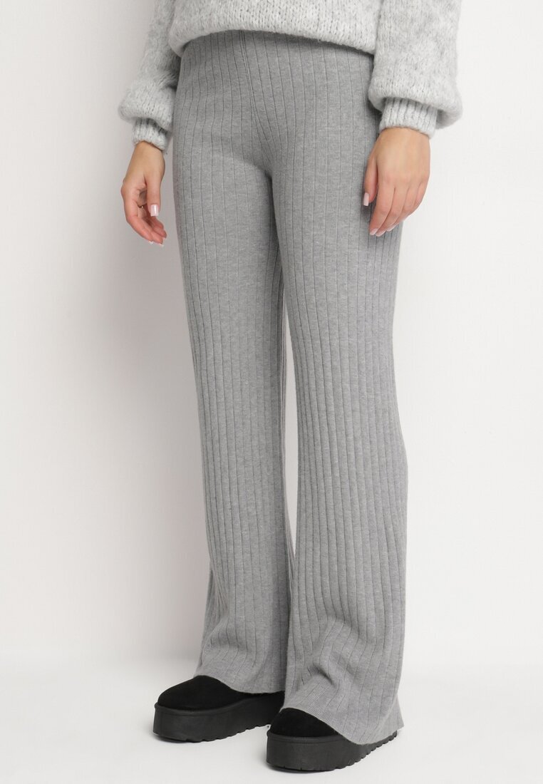 j&x Pantaloni Gri din Tricot Rebriați cu Croi Larg cu Elastic în Talie Emalindrae