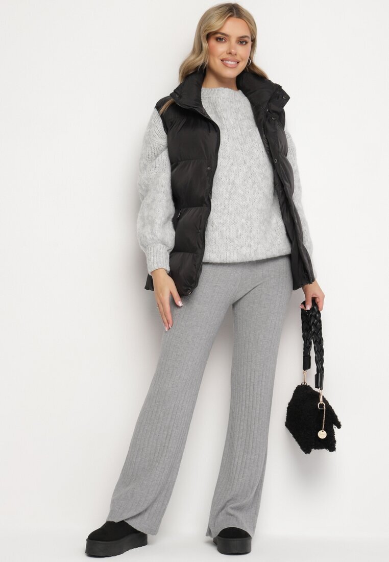 j&x Pantaloni Gri din Tricot Rebriați cu Croi Larg cu Elastic în Talie Emalindrae