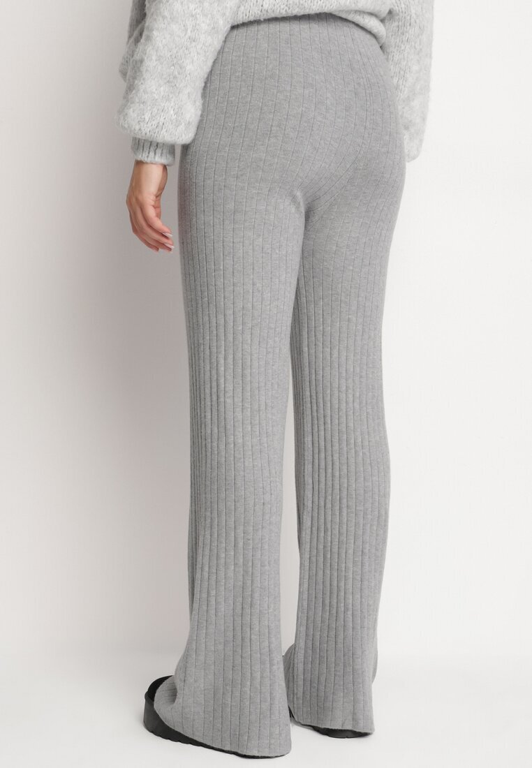 j&x Pantaloni Gri din Tricot Rebriați cu Croi Larg cu Elastic în Talie Emalindrae