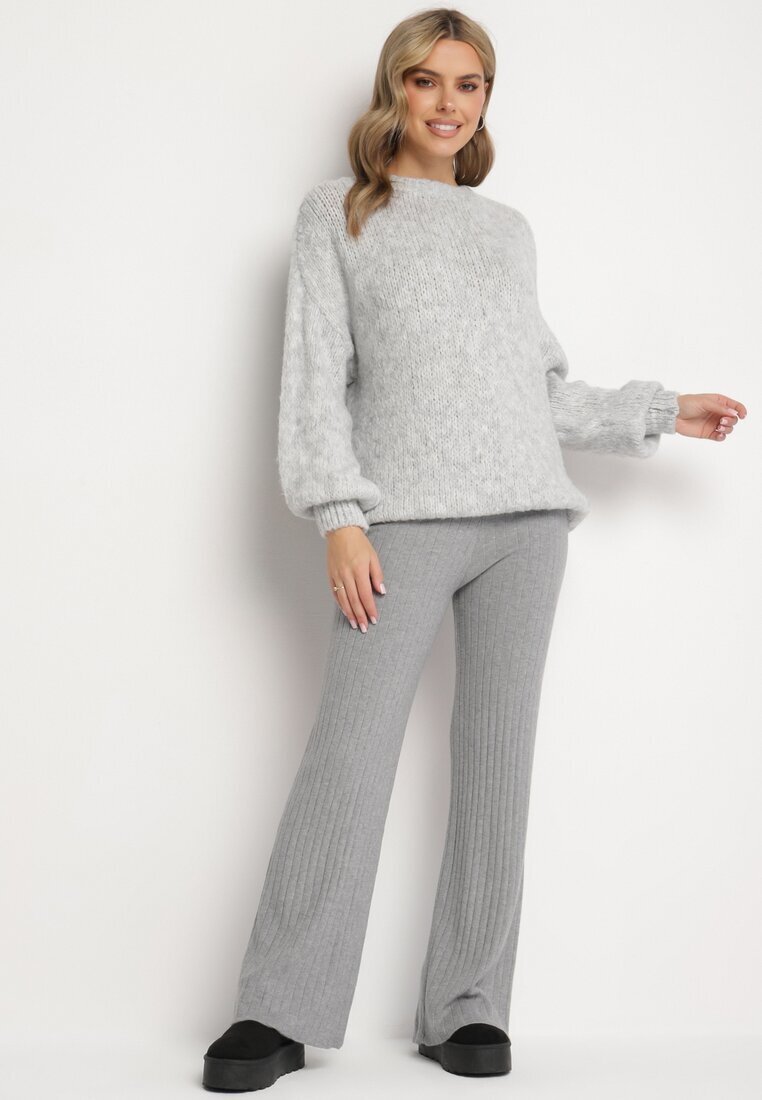 j&x Pantaloni Gri din Tricot Rebriați cu Croi Larg cu Elastic în Talie Emalindrae