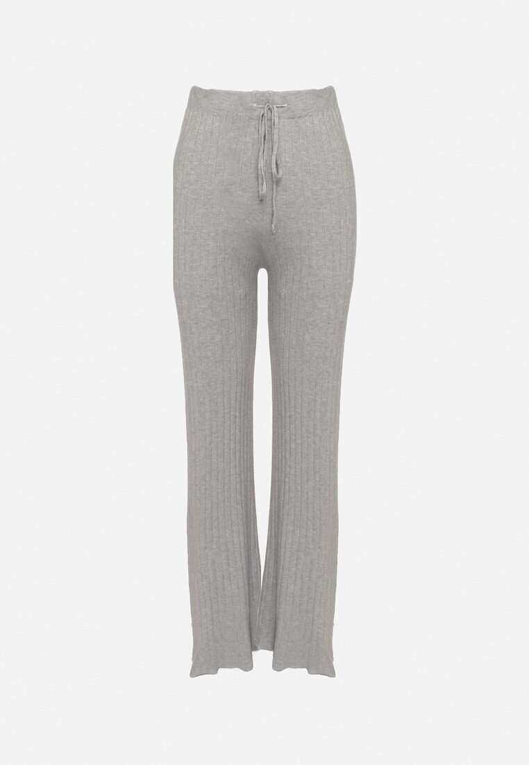 j&x Pantaloni Gri din Tricot Rebriați cu Croi Larg cu Elastic în Talie Emalindrae
