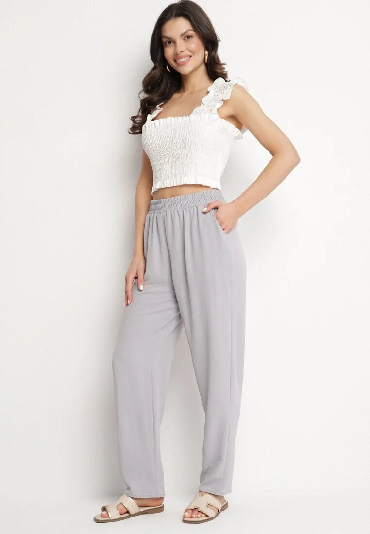 j&x Pantaloni Gri Largi cu Bumbac și Talie Înaltă Neorenna