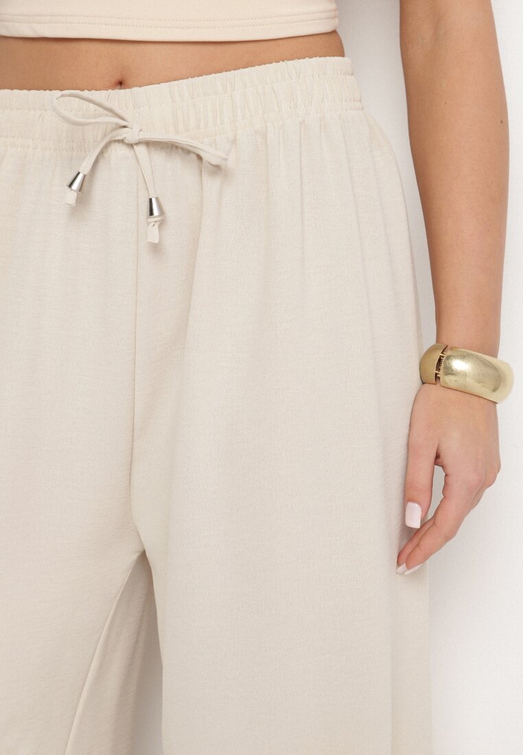j&x Pantaloni largi bej deschis din bumbac decorați cu legătură Rosadira