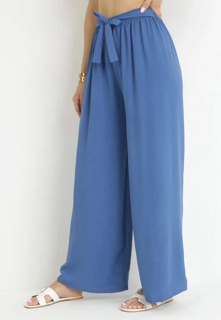 j&x Pantaloni largi bleumarin cu curea de material și elastic în talie Dellisa