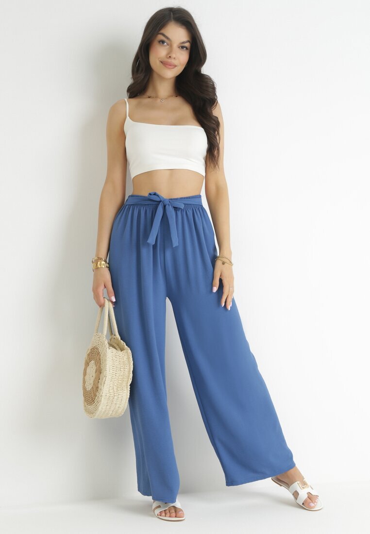 j&x Pantaloni largi bleumarin cu curea de material și elastic în talie Dellisa