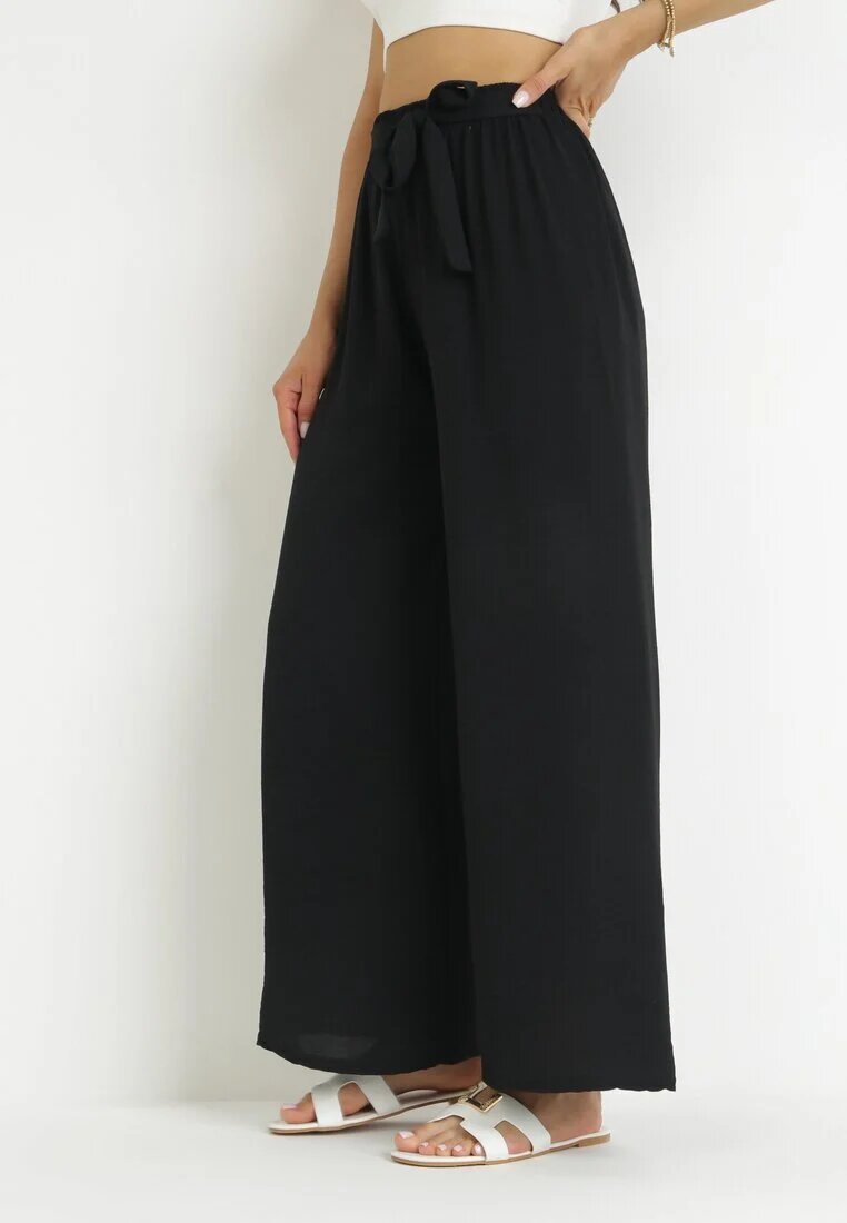 j&x Pantaloni Largi Negri cu curea de material și bandă elastică în talie Dellisa