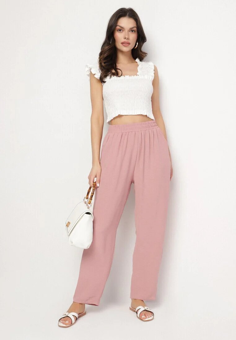 j&x Pantaloni Largi Roz din Bumbac și Talie Înaltă Neorenna