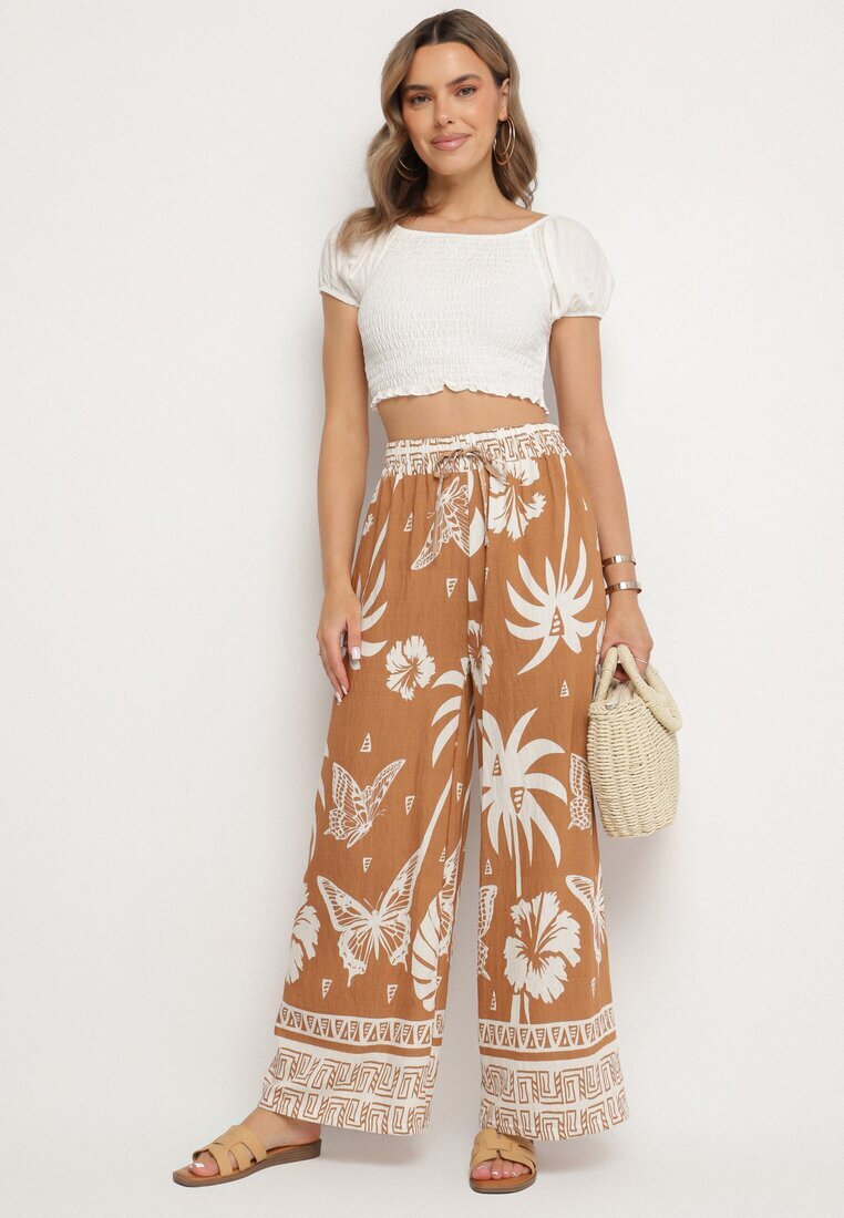 j&x Pantaloni Maro cu Imprimeu Tropical și cu Picioare Largi Emivelli