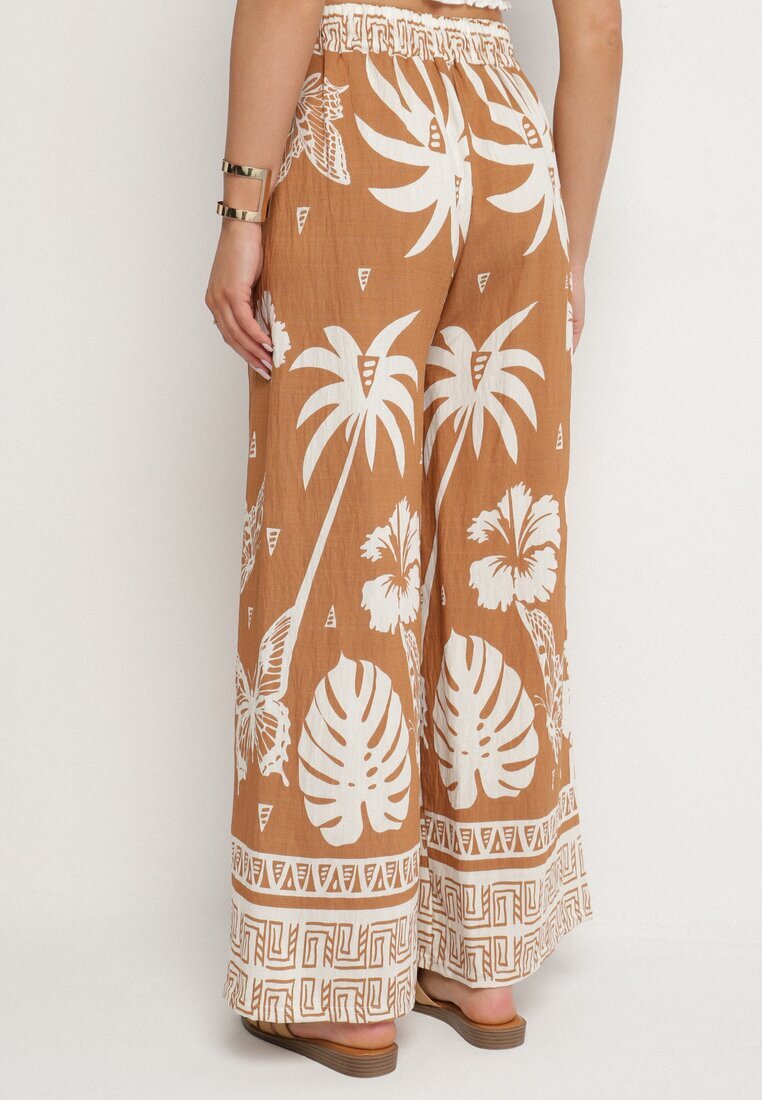 j&x Pantaloni Maro cu Imprimeu Tropical și cu Picioare Largi Emivelli