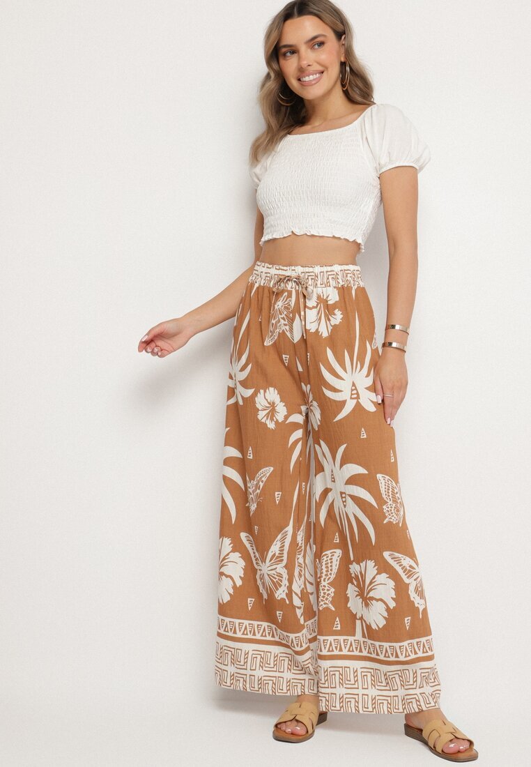 j&x Pantaloni Maro cu Imprimeu Tropical și cu Picioare Largi Emivelli