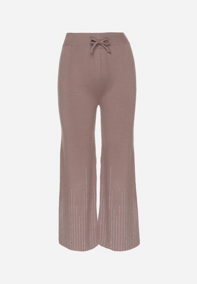 j&x Pantaloni maro deschis largi cu talie înaltă și elastic în talie decorați cu strasuri Saviane