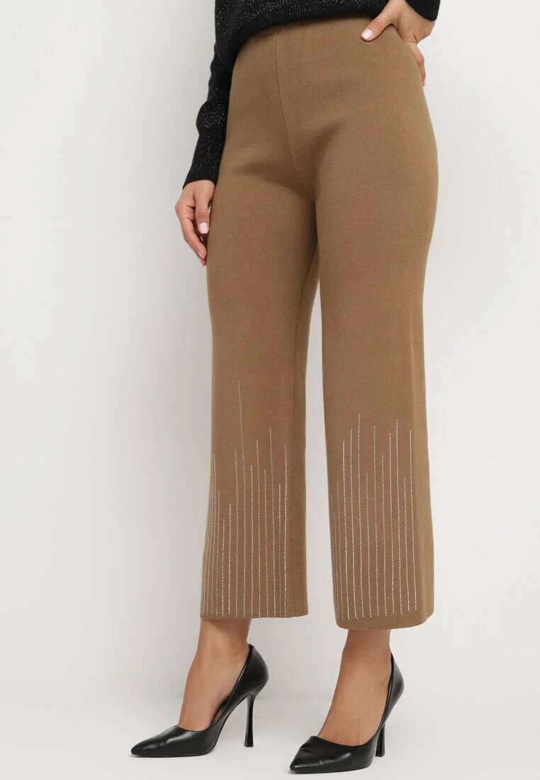 j&x Pantaloni Maro deschis Largi cu talie înaltă și elastic în talie decorați cu Zirconii Saviane