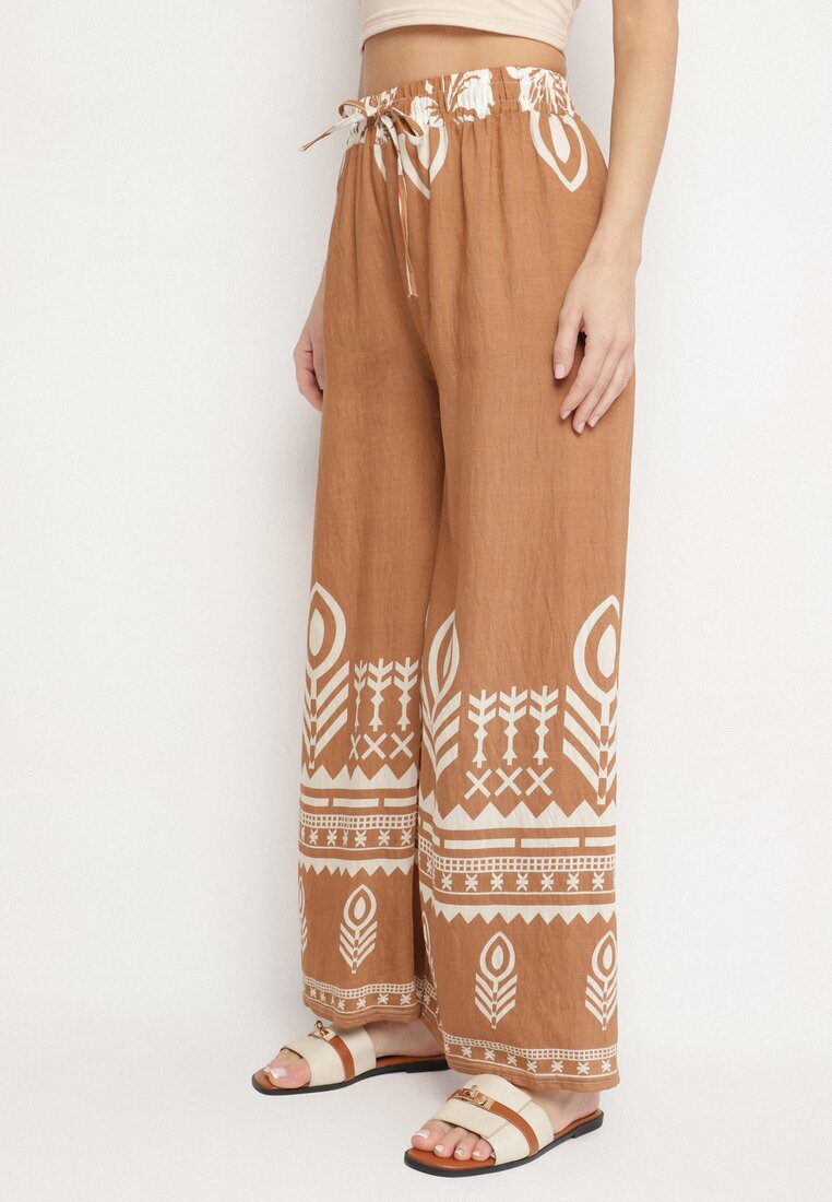 j&x Pantaloni Maro din Viscoză cu Croială Largă cu Model Etnic Mileldi