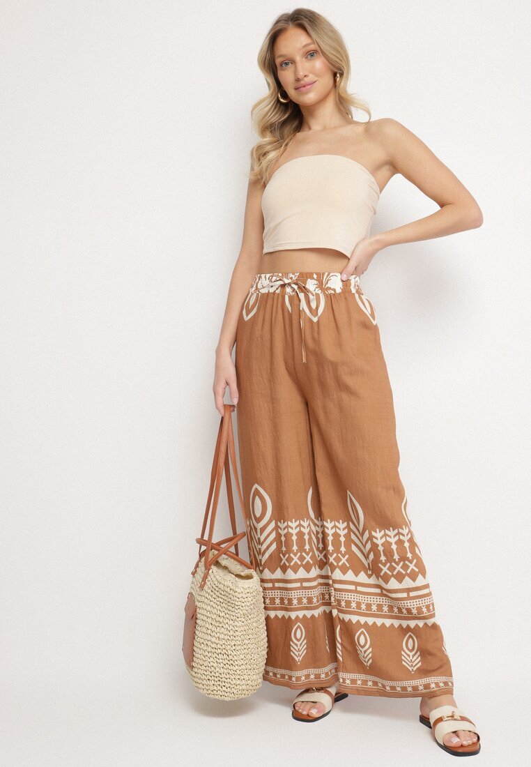 j&x Pantaloni Maro din Viscoză cu Croială Largă cu Model Etnic Mileldi